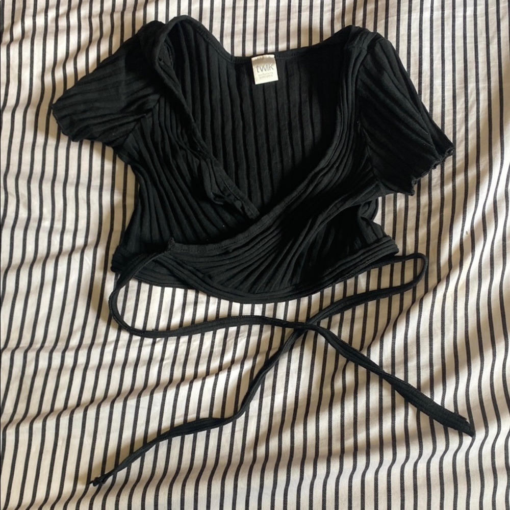 Simons Black Ribbed Wrap Crop Blouse